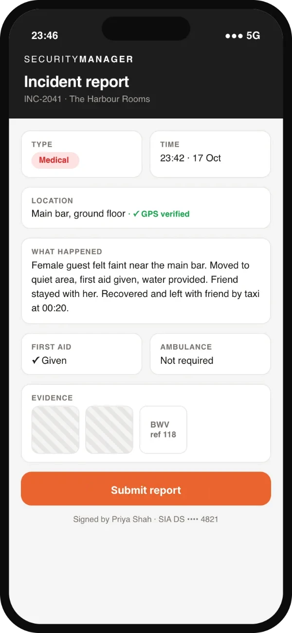 Mobile incident report completed by an SIA door supervisor in the SecurityManager app (demo data)